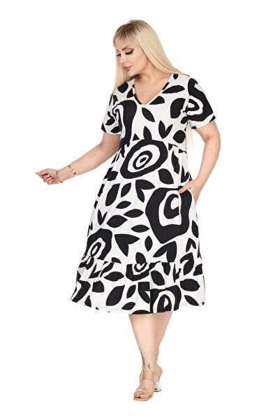 MELSAY Γυναικείο φόρεμα με κοντό μανίκι με λαιμόκοψη σε μεγάλο μέγεθος με λευκό μοτίβο με κακά μάτια