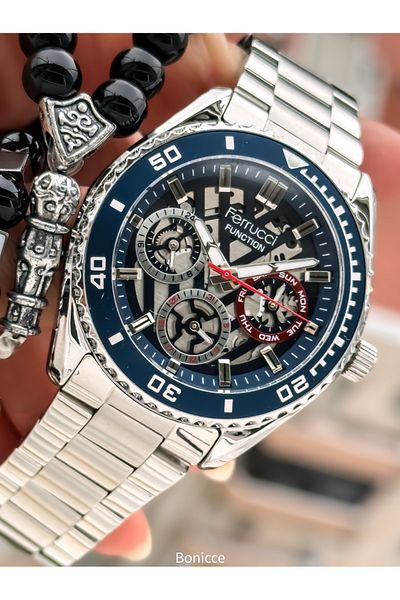 Ferrucci Brand Silver Color Steel Band, Navy Blue Dial,Calendar,Function Men's Wrist Watch+Bracelet Rosary