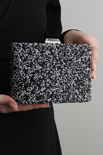 Mimoza Women's Black-White Double-Way Stone Evening Bag with Movable Handle and Chain Strap