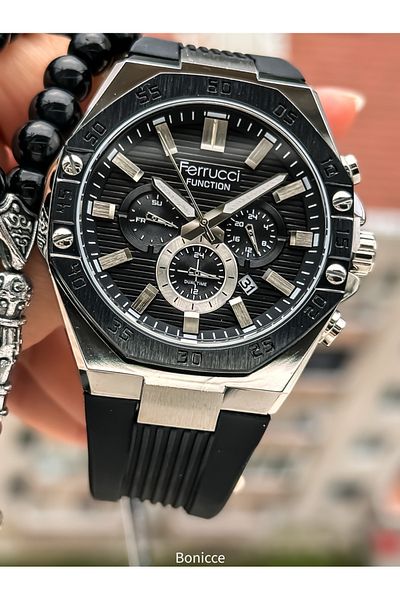 Ferrucci Brand Black Color Silicone Band,Calendar,Function Men's Wrist Watch+Bracelet