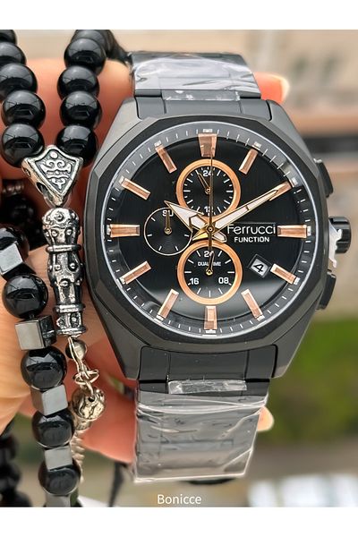 Ferrucci Brand Black Color Steel Band with Calendar, Function Men's Wrist Watch+Bracelet Rosary