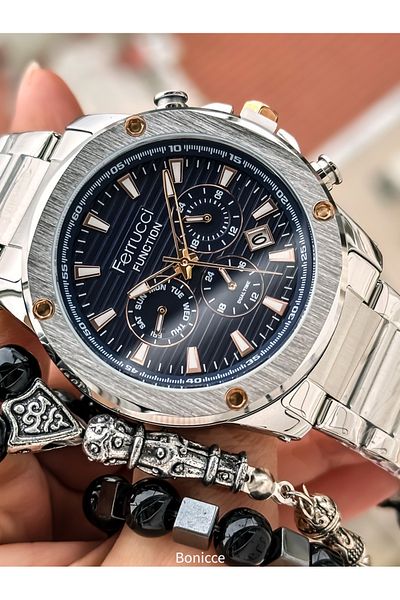 Ferrucci Men's Silver Color Steel Band Navy Blue Dial Calendar Function Wrist Watch and Bracelet Rosary