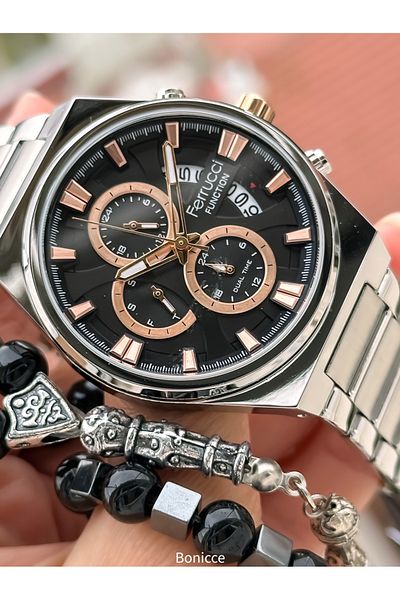 Ferrucci Brand Silver Color Steel Band, Black Dial, with Calendar, Function Men's Wrist Watch+Bracelet Rosary