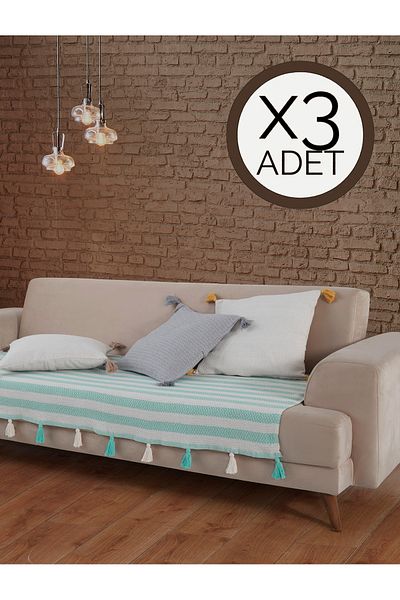 Lux Touch Liva Pompom Mint - 3 части 115x200 см калъф за диван с пискюли, разтегателен диван, фотьойл