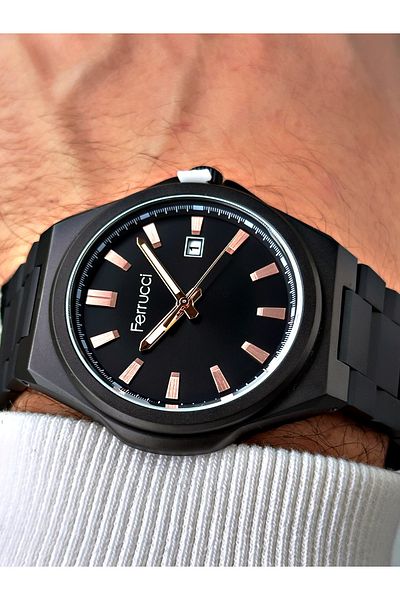 Ferrucci men's Black Waterproof Steel Cord Wrist Watch - Special Design and Calendar