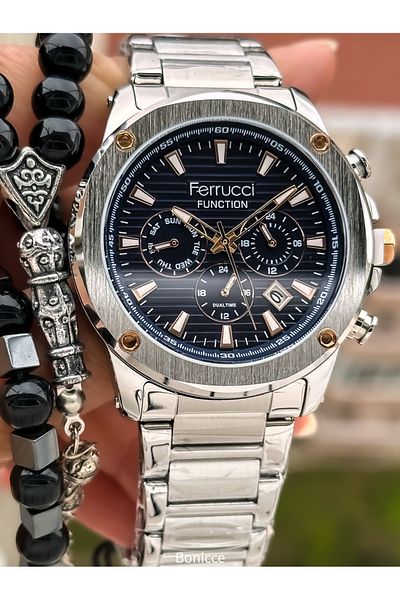 Ferrucci Men's Silver Color Steel Band Navy Blue Dial Calendar Function Wrist Watch and Bracelet Rosary
