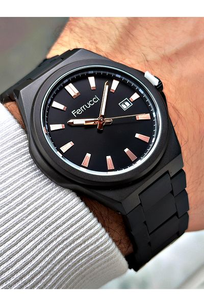 Ferrucci men's Black Waterproof Steel Cord Wrist Watch - Special Design and Calendar