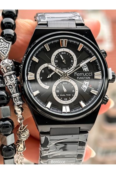 Ferrucci Men's Wrist Watch and Bracelet Rosary with Black Brand Steel Band and Calendar