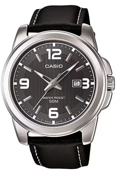 Casio ساعة يد رجالية فضية اللون باللون الأسود