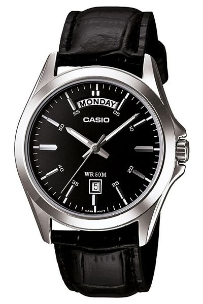 Casio ساعة يد رجالية فضية اللون باللون الأسود