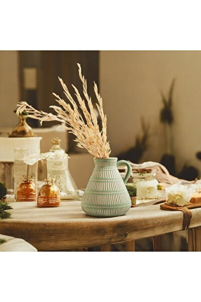 Binbirdemet İskandinav Bohem El Boyaması Kulplu Yeşil Seramik Vazo