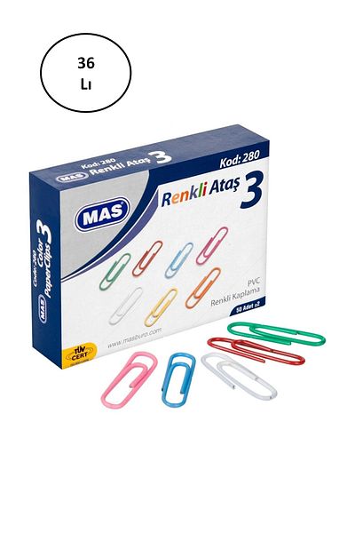 Mas 280 Colored Paper Clip PVC Coated 28 Mm Pack of 36