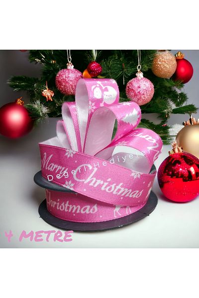 GÜLSEMALİ 4 Meter Satin Maryy Printed Christmas Ribbon Box - 2.5cm Tree Decoration Ribbon