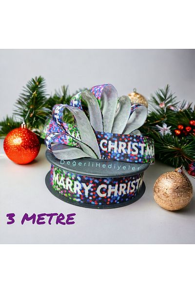 GÜLSEMALİ 3 Meters Grosgrain Printed Christmas Ribbon - Tree Decoration Ribbon 2.5cm