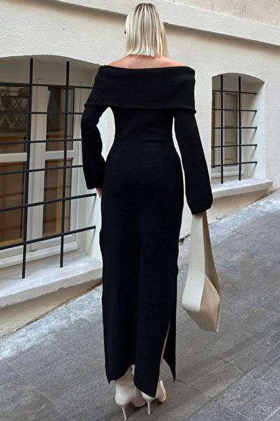 CoolLook Uzun Volanlı Kollu Straplez Madonna Yakalı Rahat Yumuşak Tarz Diz Altı Yırtmaçlı Triko Elbise