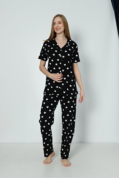 Kalp Desenli Önden Düğmeli Pijama Takım