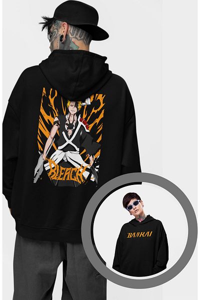 Fuddy Moda Oversize Bleach Ichigo Kurosaki Back Printed Hooded Sweatshirt, Unisex Anime Themed Hoodie