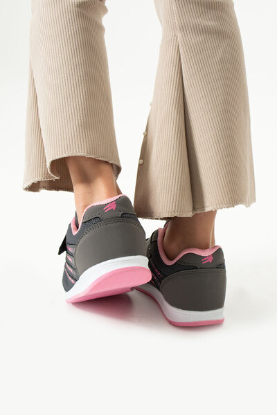 WEBORN Çocuk Bağcıklı Füme Pembe Tek Cırtlı Esnek Hafif Nefes Alabilen Rahat Fileli Sneaker Spor Ayakkabı