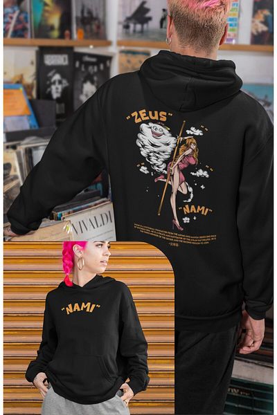 Fuddy Moda Oversize Zeus Nami Back Printed Hooded Sweatshirt, Unisex One Piece Themed Anime Hoodie