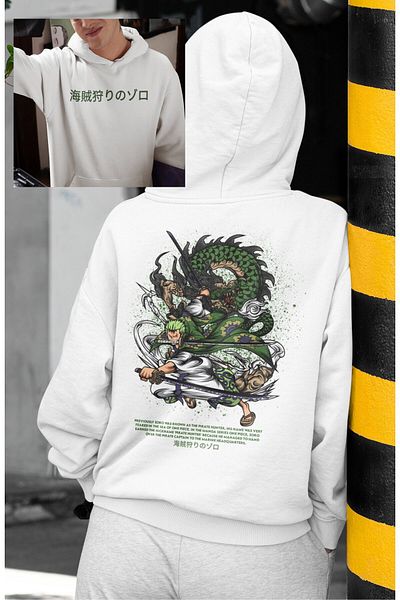 Fuddy Moda Φούτερ με κουκούλα One Piece Zoro Back Printed Hoodie, Unisex Oversize Anime Printed Hoodie