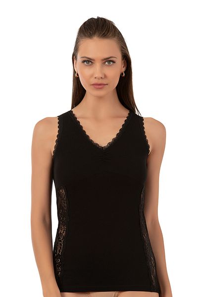 ÖZKAN underwear Özkan 25586 Women's Cotton V-Neck Lace Detailed Thick Strap Single Jersey Undershirt