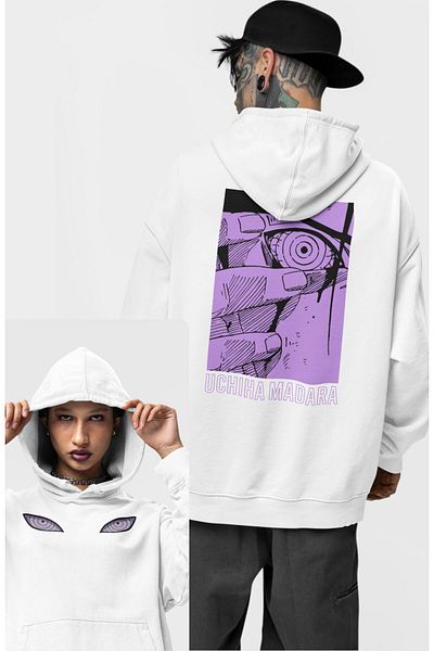 Fuddy Moda Hanorac cu capota imprimat pe spate Naruto Uchiha Madara 2, hanorac unisex supradimensionat cu hanorac cu imprimeu anime