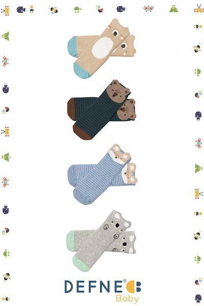 Defne Baby 4 Pairs of Terry Cotton Winter Animal Patterned Boys and Baby Socks