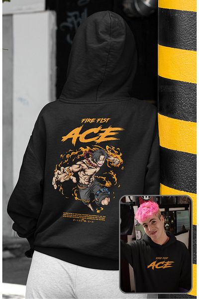 Fuddy Moda Unisex Oversize Hooded Sweatshirt - Fire Fist Ace Back Print, One Piece Anime Themed Hoodie