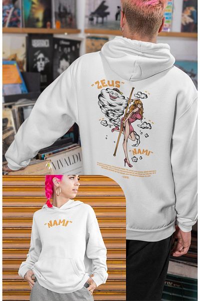 Fuddy Moda Hanorac cu glugă cu imprimeu pe spate Zeus Nami supradimensionat, hanorac unisex cu tematică anime dintr-o bucată