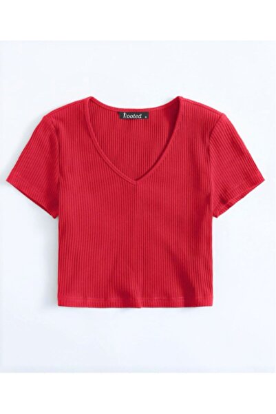 Rooted تي شيرت نسائي قصير بأكمام قصيرة ورقبة على شكل حرف V باللون الأحمر، قما...