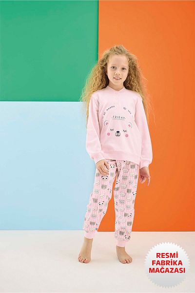 Aydoğan Girl's Interlock Pink Long Sleeve Pajamas Set 1692 - Aydogan - 6 Years