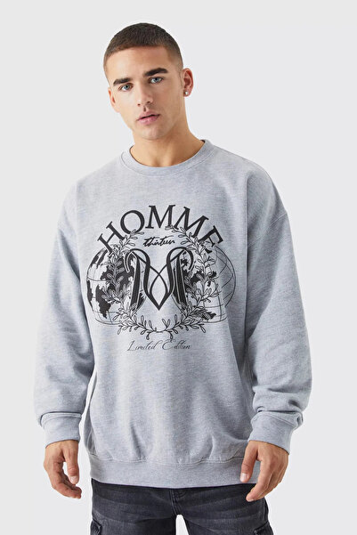 FECCY Hanorac oversize din bumbac, gri, cu imprimeu HOMME, cu guler tip bicic...