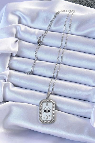 ZL Shoping 316L Steel Chain Silver Color Enamel Zircon Stone Eye Figure Tarot Necklace