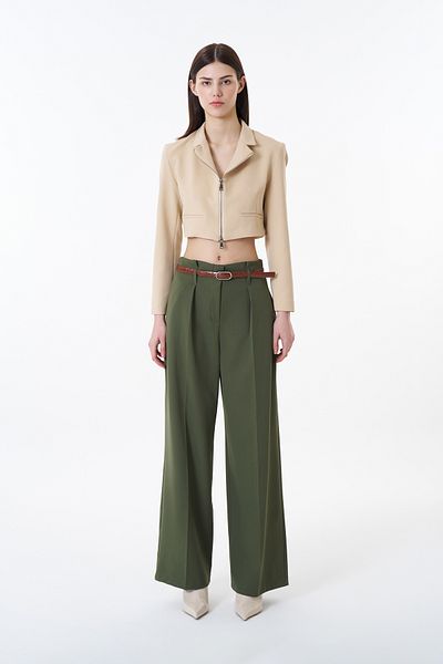 Quzu Wide Leg Khaki Pants with High Waist and Belt Detail