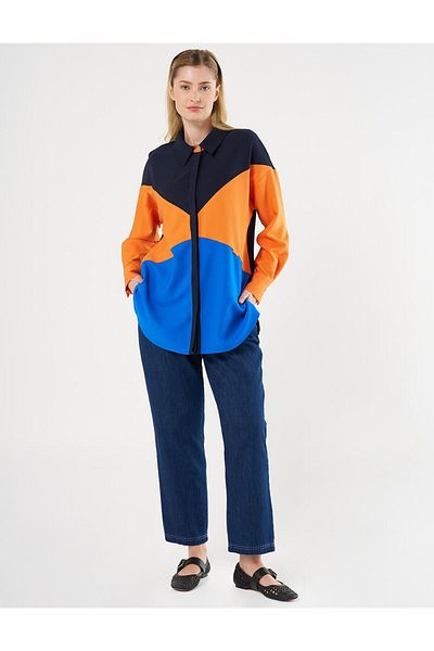Kayra Dark Dark Blue Color Block Tunic