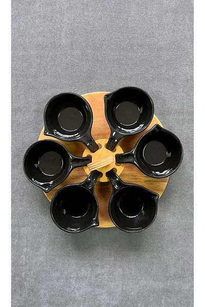Erbaşlar Black Bamboo 7-Piece Ceramic Breakfast with Wooden Stand, Snack Bowl Series
