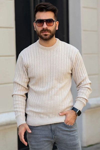Black Sokak Men's Beige Thessaloniki Crew Neck Sweater