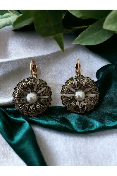 FAYRA ACCESSORIES Black Diamond Taşlı İnci Çiçek Küpe