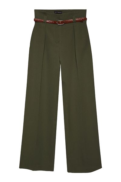 Quzu Wide Leg Khaki Pants with High Waist and Belt Detail