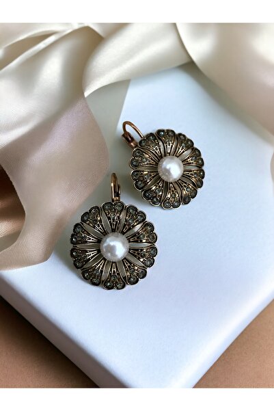 FAYRA ACCESSORIES Black Diamond Taşlı İnci Çiçek Küpe