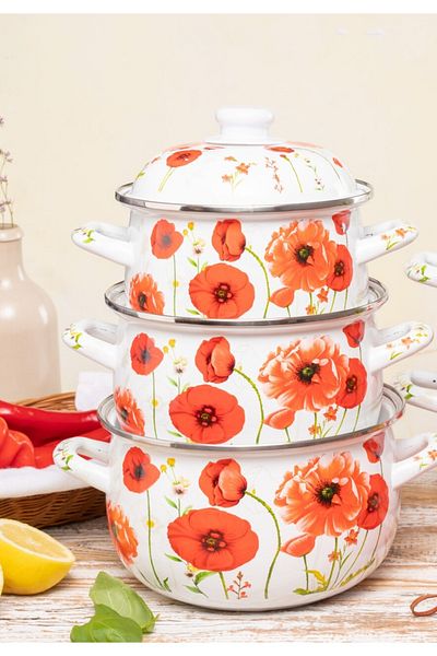 Ebru Metal Enameled Hot Pot Floral Patterned Midi 3-Piece Cookware Set 16/18/20 cm