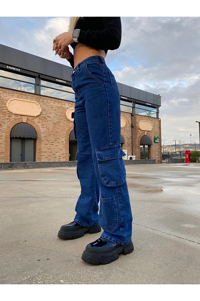 KOTOLOG Urban Outfit Unisex Street Style Bellows Μαύρη τσέπη Cargo Φαρδύ παντελόνι με φαρδύ πόδι