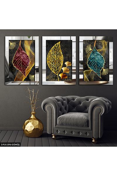 Evinemoda Pictură abstractă din argint cu oglindă din plexiglas din 3 piese