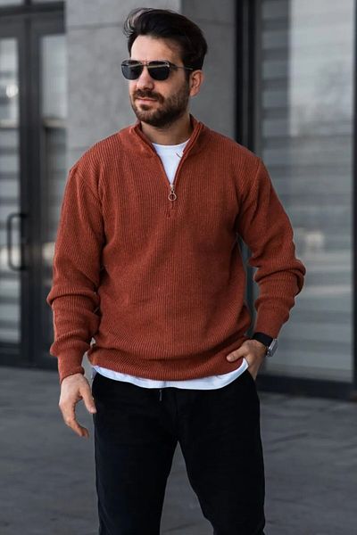 Black Sokak Men's Stand Collar Half Zipper Brown Knitwear Sweater