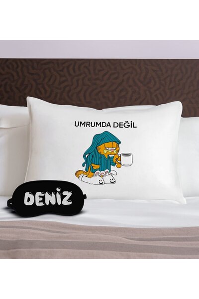 Bk Gift Kişiye Özel Eğlenceli Kedi Tasarrımlı Pamuklu Yastık Kılıfı ve Göz Ba...