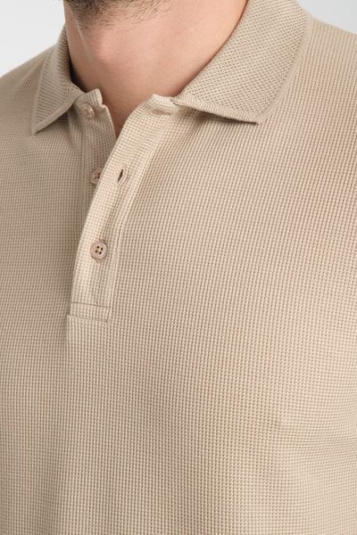 Frappoli Ανδρικό μπλουζάκι Walfer Slim Fit Polo Neck - Σκούρο μπεζ, 100% βαμβάκι, ύφασμα βάφλα που δεν τραβάει