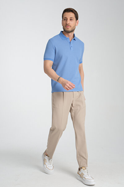 Frappoli Ανδρικό μπλουζάκι Walfer - Blue Slim Fit Waffle Polo Collar T-shirt 100% βαμβακερό ύφασμα που δεν προσποιείται