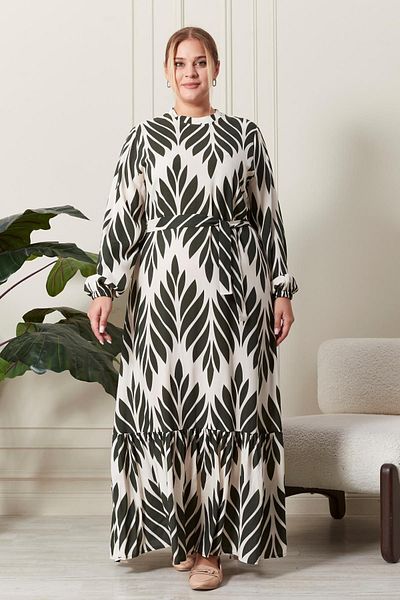Ferace Large Size High Collar Viscose Hijab Dress - Fabric Pleated and Pleated