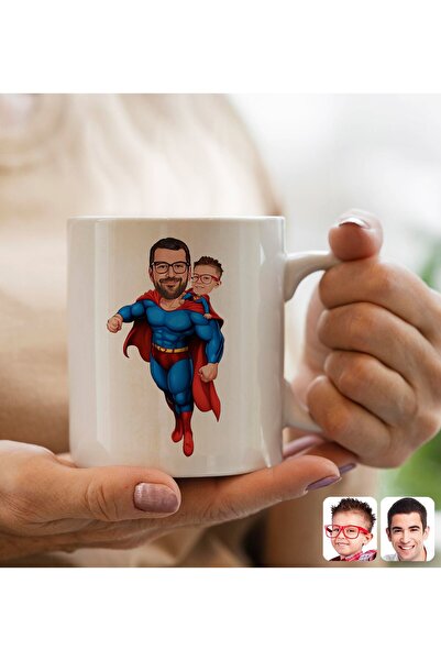 Bk Gift Kişiye Özel Karikatürlü Süper Baba-Çocuk Tasarımlı Beyaz Kupa Bardak-...