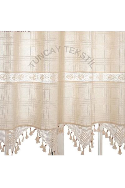 TUNCAY TEKSTİL Bodrum - Natural Cotton, Lacy Linen Sunshade Curtain, Cross Stitch Sea Buldan